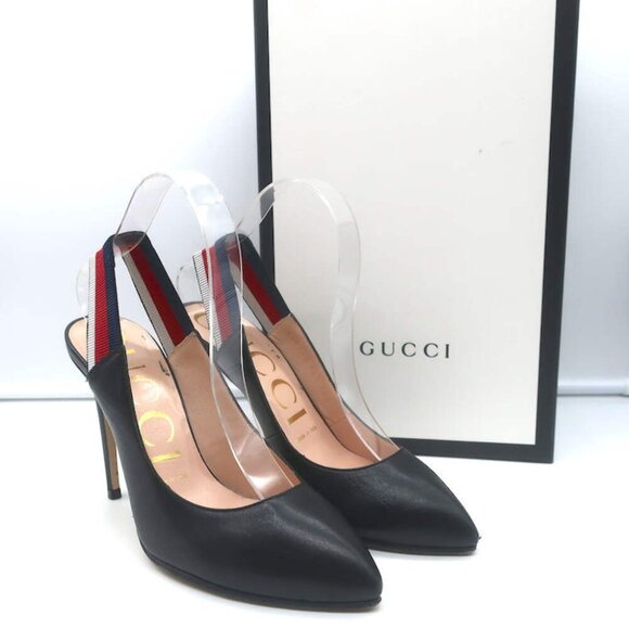 Gucci Shoes - Gucci Sylvie Web Slingback Pumps Black Leather Size 36.5